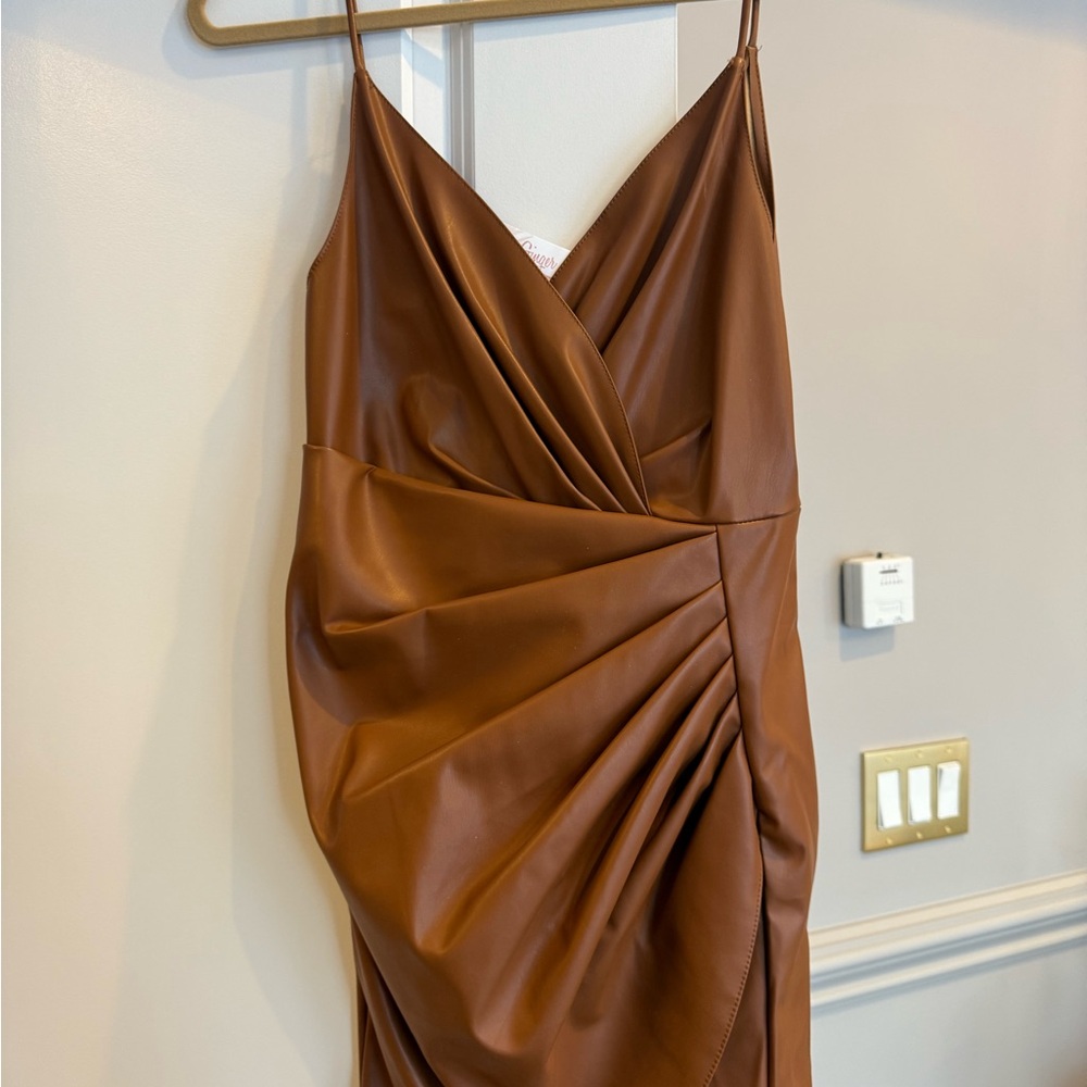 Rich Brown Mini Slip Dress with Spaghetti Straps and Ruched Detail